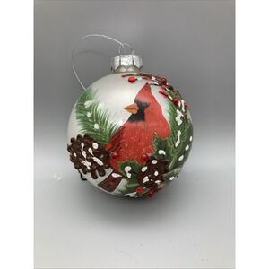 Large Handpainted Cardinal Glass Christmas Ornament Frosted  Glitter Beads